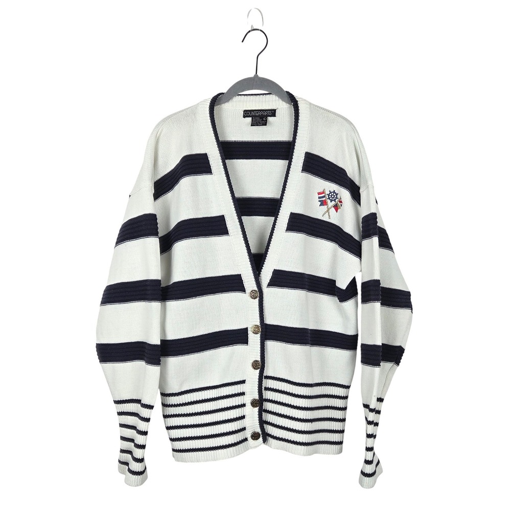Vintage Counterparts Nautical Navy White Stripe Embroidered Cardigan‎ Sweater L